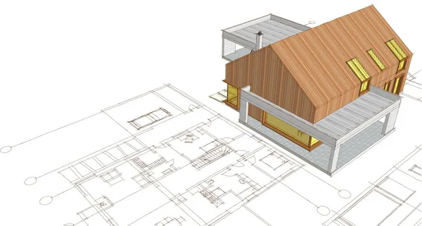 房屋建筑草图3D图解 — 图库照片