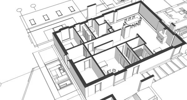 房屋建筑草图3D图解 — 图库照片