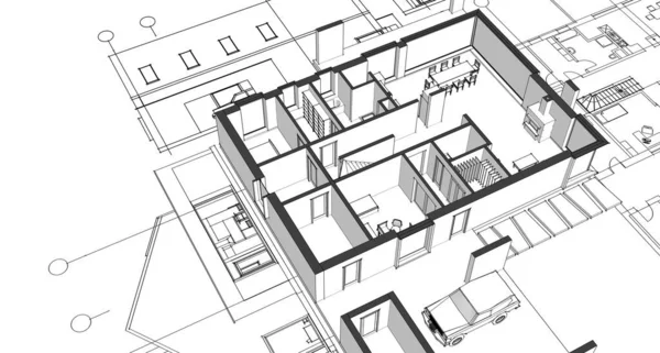 house architectural project sketch 3d illustration