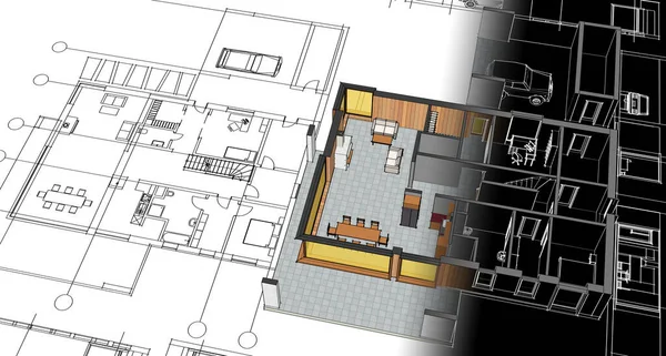 house architectural project sketch 3d illustration