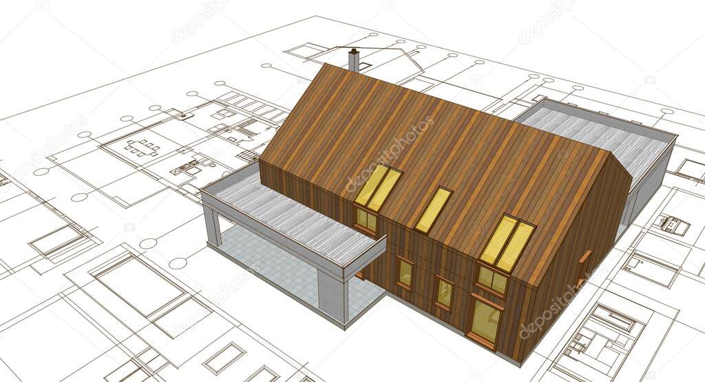 house architectural project sketch 3d illustration