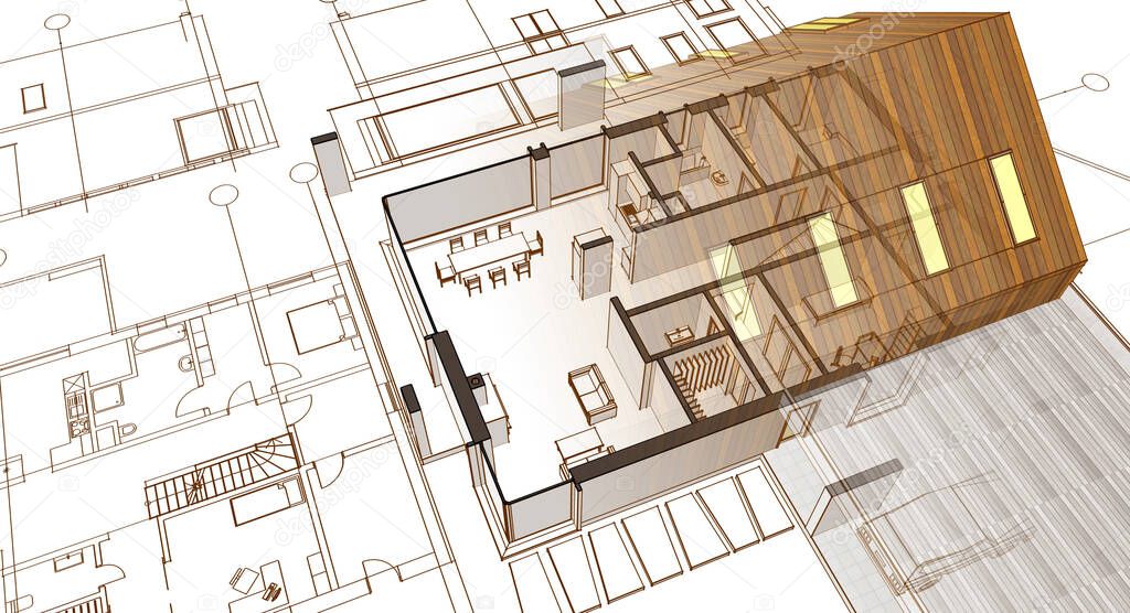 house architectural project sketch 3d illustration