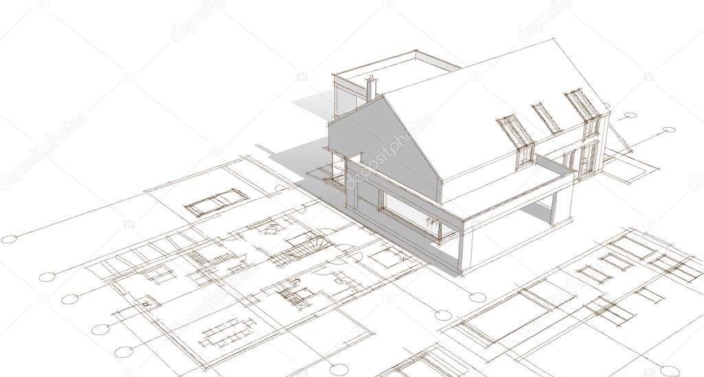 house architectural project sketch 3d illustration