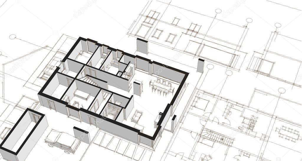 house architectural project sketch 3d illustration