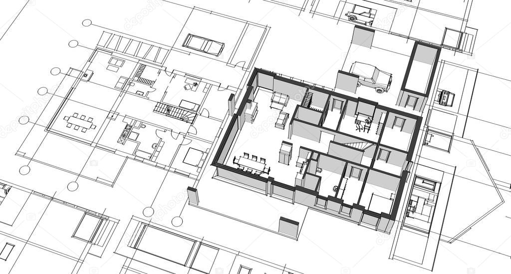 house architectural project sketch 3d illustration