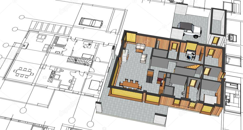 house architectural project sketch 3d illustration