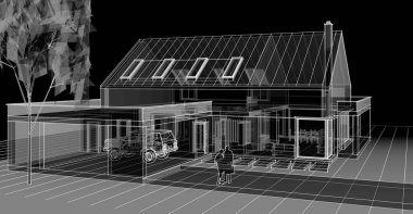 Modern ev çizimi 3d illüstrasyon