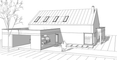 Modern ev çizimi 3d illüstrasyon