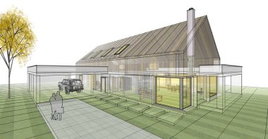 Modern ev çizimi 3d illüstrasyon