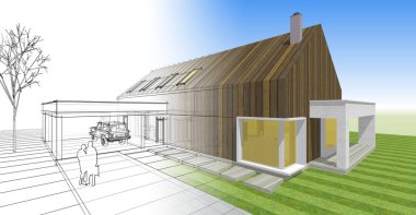 Modern ev çizimi 3d illüstrasyon