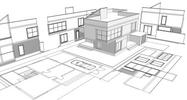 Modern ev çizimi 3d illüstrasyon