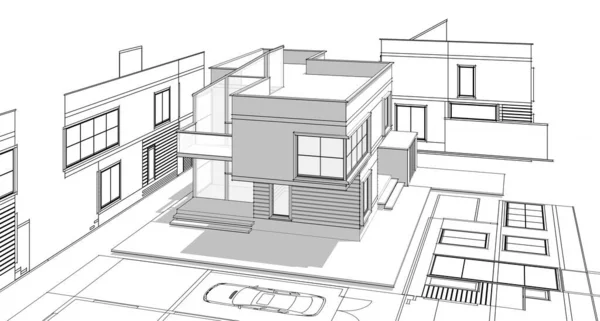 现代房屋草图3D插图 — 图库照片