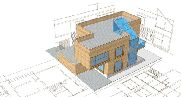 現代の家の計画スケッチ3Dイラスト — ストック写真