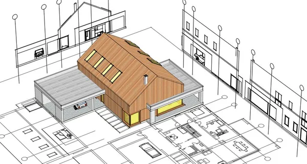 房屋建筑草图3D图解 — 图库照片