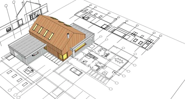 房屋建筑草图3D图解 — 图库照片