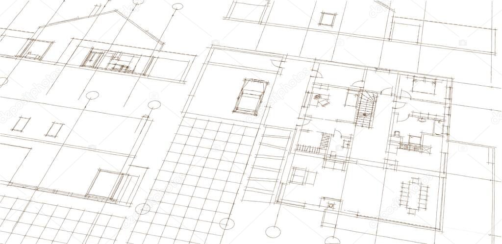 house architectural project sketch 3d illustration