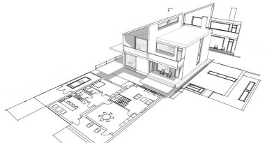ev planı mimari taslak 3D illüstrasyon