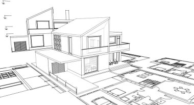 ev mimarisi projesi çizimi 3d illüstrasyon