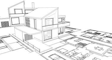 ev mimarisi projesi çizimi 3d illüstrasyon