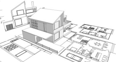 ev mimarisi projesi çizimi 3d illüstrasyon