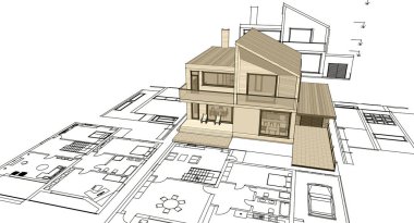 ev mimarisi projesi çizimi 3d illüstrasyon