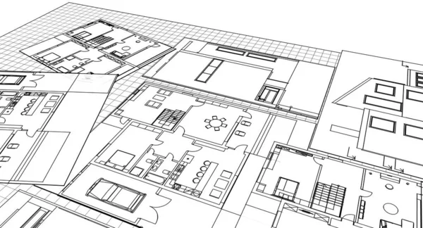 Haus Plan Fassaden Architektonische Skizze Illustration — Stockfoto