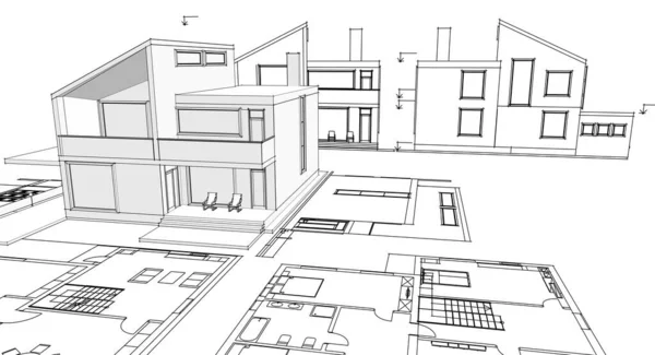 Dom Plan Fasady Architektoniczny Szkic Ilustracja — Zdjęcie stockowe