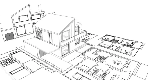 房屋建筑草图3D图解 — 图库照片