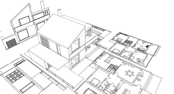 房屋建筑草图3D图解 — 图库照片