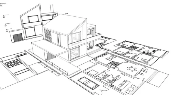 Hus Arkitektur Projekt Skiss Illustration — Stockfoto