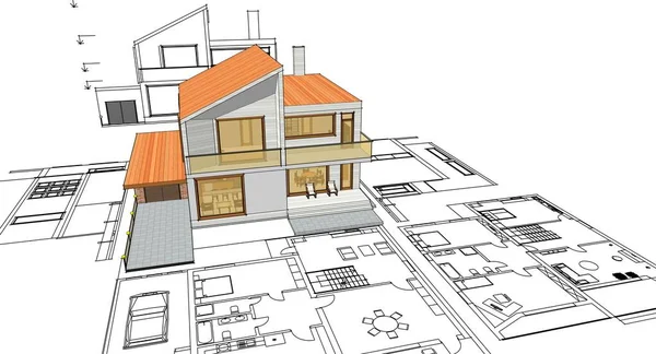 房屋建筑草图3D图解 — 图库照片