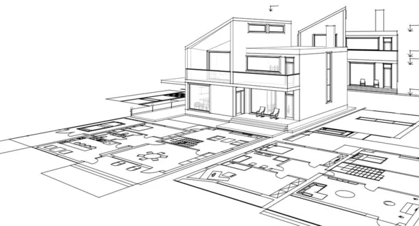 房屋建筑草图3D图解 — 图库照片