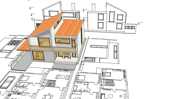 Casa Proyecto Arquitectónico Boceto Ilustración — Foto de Stock