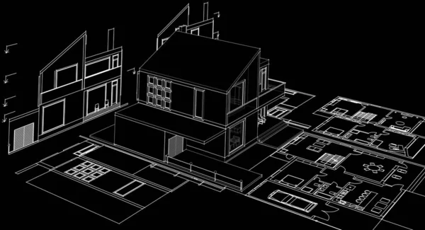 房屋建筑草图3D图解 — 图库照片