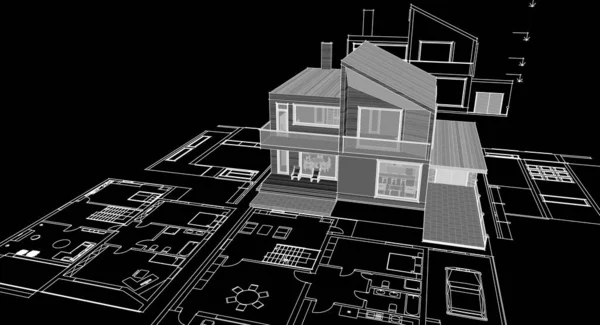 house architectural project sketch 3d illustration