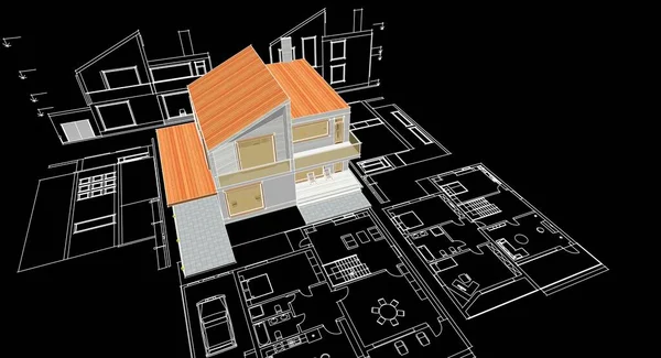 房屋建筑草图3D图解 — 图库照片#