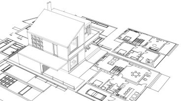 ev planı mimari taslak 3D illüstrasyon