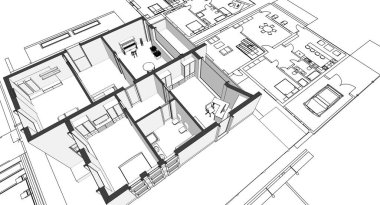 ev planı mimari taslak 3D illüstrasyon