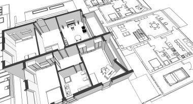 ev planı mimari taslak 3D illüstrasyon