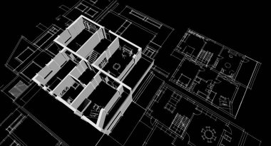 ev planı mimari taslak 3D illüstrasyon