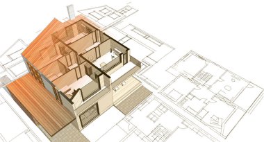 ev planı mimari taslak 3D illüstrasyon