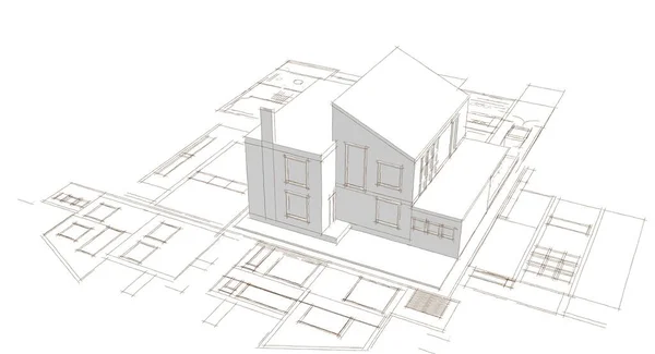 Dom Plan Fasady Architektoniczny Szkic Ilustracja — Zdjęcie stockowe