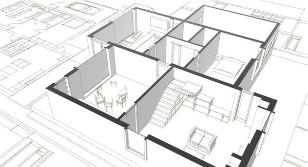 Hus Plan Fasader Arkitektonisk Skiss Illustration — Stockfoto