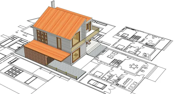 Plano Casa Fachadas Desenho Arquitetônico Ilustração — Fotografia de Stock