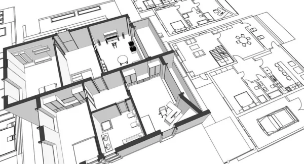 ev planı mimari taslak 3D illüstrasyon