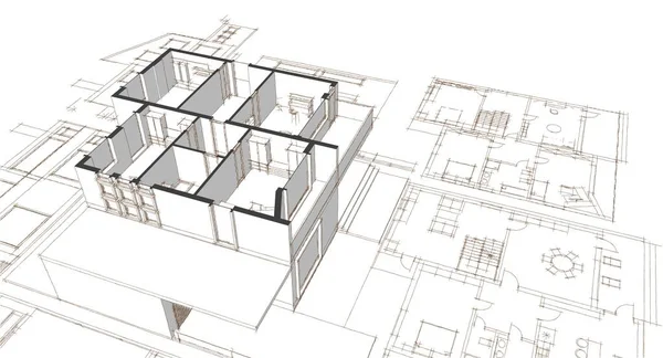 Dom Plan Fasady Architektoniczny Szkic Ilustracja — Zdjęcie stockowe