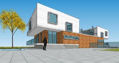 ev mimarisi çizimi 3d illüstrasyon