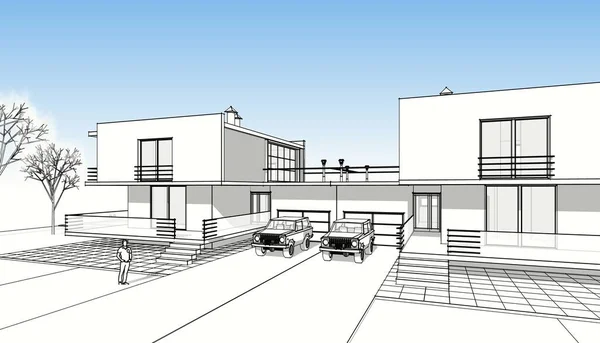 房屋建筑草图3D插图 — 图库照片