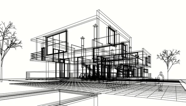 房屋建筑草图3D插图 — 图库照片