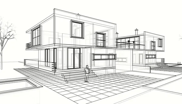 房屋建筑草图3D插图 — 图库照片